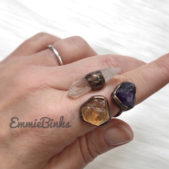 New Triple Crystal Gemstone Ring ~ Natural Amethyst Citrine Clear Quartz Copper - Picture 3 of 16